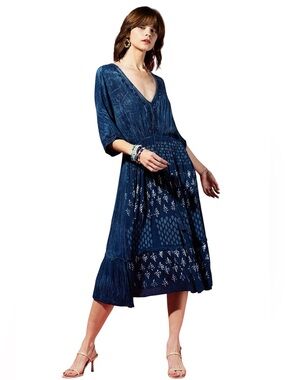 Blue Ridge Navy Boho Rayon V-Neck Midi Dress
